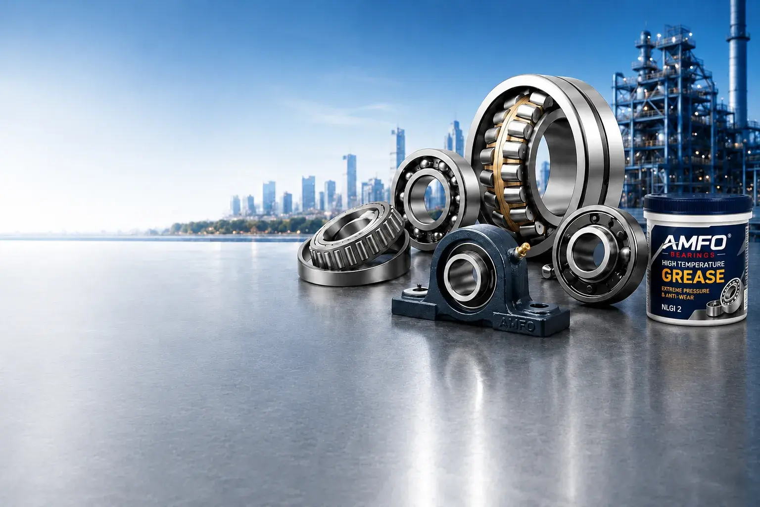 AMFO bearings, pillow block housing, and grease — industrial background