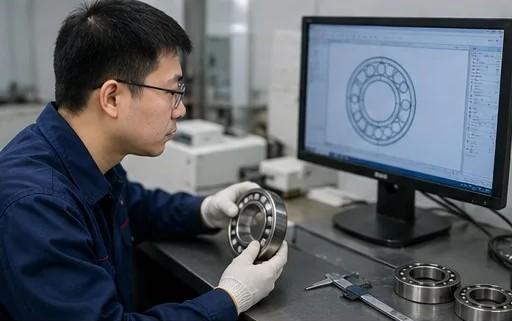 AMFO QC technician comparing a bearing against its CAD drawing